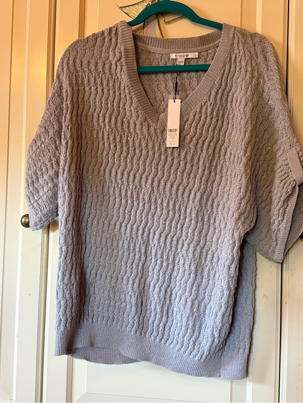 Chico's Light Gray Textured V-Neck Short Sleeve Sweater